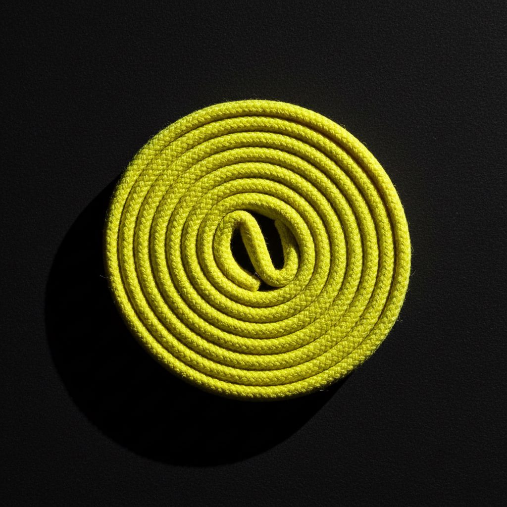 Volt-yellow knit shoelace coiled on a black surface.