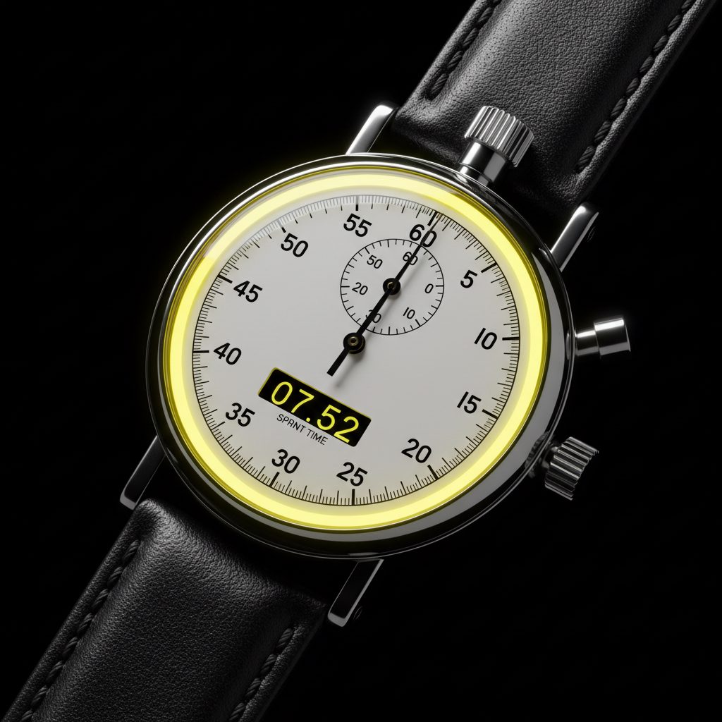 Chrome analog stopwatch with a volt-yellow dial glow.